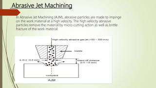 Abrasive Jet Machining
In Abrasive Jet Machining (AJM), abrasive particles are made to impinge
on the work material at a high velocity. The high velocity abrasive
particles remove the material by micro-cutting action as well as brittle
fracture of the work material.
 