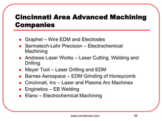 26
Cincinnati Area Advanced Machining
Companies
 Graphel – Wire EDM and Electrodes
 Sermatech-Lehr Precision – Electrochemical
Machining
 Andrews Laser Works – Laser Cutting, Welding and
Drilling
 Meyer Tool – Laser Drilling and EDM
 Barnes Aerospace – EDM Grinding of Honeycomb
 Cincinnati, Inc – Laser and Plasma Arc Machines
 Enginetics – EB Welding
 Elano – Electrochemical Machining
www.mindsover.com
 