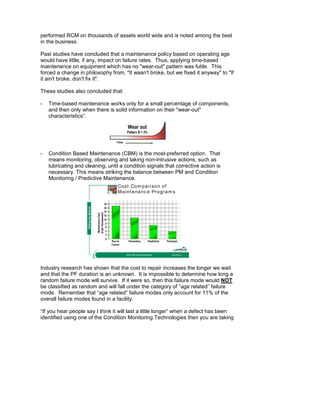 performed RCM on thousands of assets world wide and is noted among the best
in the business.

Past studies have concluded that a maintenance policy based on operating age
would have little, if any, impact on failure rates. Thus, applying time-based
maintenance on equipment which has no "wear-out" pattern was futile. This
forced a change in philosophy from, "It wasn't broke, but we fixed it anyway" to "If
it ain't broke, don't fix it".

These studies also concluded that:

-   Time-based maintenance works only for a small percentage of components,
    and then only when there is solid information on their "wear-out"
    characteristics”.

                                                                             Wear out
                                                                            Pattern B = 2%

                                                                     Time



-   Condition Based Maintenance (CBM) is the most-preferred option. That
    means monitoring, observing and taking non-intrusive actions, such as
    lubricating and cleaning, until a condition signals that corrective action is
    necessary. This means striking the balance between PM and Condition
    Monitoring / Predictive Maintenance.
                                                                      Co s t Co m p a r i s o n o f
                                                                      M a i n t e n a n c e Pr o g r a m s
                     Striking the Balance



                                            ($ per Horsepower)
                                             Maintenance Cost




                                                                 Run to       Preventive                 Predictive   Precision
                                                                 Failure


                                                                            Source: EPRI Power Generation Study           ©2009 GPAllied, LLC




Industry research has shown that the cost to repair increases the longer we wait
and that the PF duration is an unknown. It is impossible to determine how long a
random failure mode will survive. If it were so, then this failure mode would NOT
be classified as random and will fall under the category of “age related” failure
mode. Remember that “age related” failure modes only account for 11% of the
overall failure modes found in a facility.

“If you hear people say I think it will last a little longer” when a defect has been
identified using one of the Condition Monitoring Technologies then you are taking
 