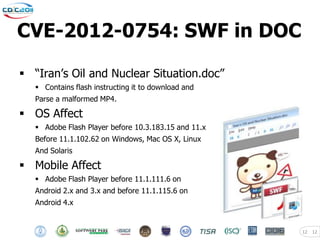 CVE-2012-0754: SWF in DOC

 “Iran’s Oil and Nuclear Situation.doc”
    Contains flash instructing it to download and
   Parse a malformed MP4.

 OS Affect
    Adobe Flash Player before 10.3.183.15 and 11.x
   Before 11.1.102.62 on Windows, Mac OS X, Linux
   And Solaris

 Mobile Affect
    Adobe Flash Player before 11.1.111.6 on
   Android 2.x and 3.x and before 11.1.115.6 on
   Android 4.x


                                                      12   12
 