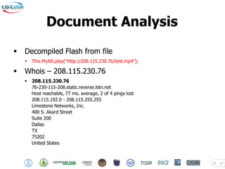 Document Analysis

   Decompiled Flash from file
       This.MyNS.play(“http://208.115.230.76/test.mp4”);

   Whois – 208.115.230.76
       208.115.230.76
        76-230-115-208.static.reverse.lstn.net
        Host reachable, 77 ms. average, 2 of 4 pings lost
        208.115.192.0 - 208.115.255.255
        Limestone Networks, Inc.
        400 S. Akard Street
        Suite 200
        Dallas
        TX
        75202
        United States



                                                            13   13
 
