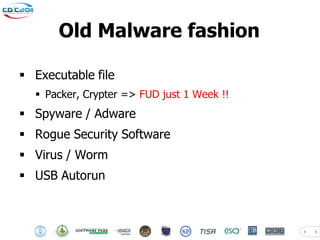 Old Malware fashion

 Executable file
   Packer, Crypter => FUD just 1 Week !!
 Spyware / Adware
 Rogue Security Software
 Virus / Worm
 USB Autorun



                                            4   4
 