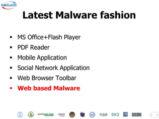 Latest Malware fashion

 MS Office+Flash Player
 PDF Reader
 Mobile Application
 Social Network Application
 Web Browser Toolbar
 Web based Malware



                               9   9
 