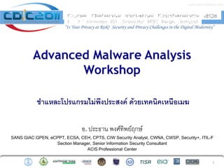 www.cdicconference.com




                        “Is Your Privacy at Risk? Security and Privacy Challenges in the Digital Modernity”




           ชำแหละโปรแกรมไม่พงประสงค์ ด้วยเทคนิคเหนือเมฆ
                            ึ

                                 อ. ประธาน พงศ์ทิพย์ฤกษ์
SANS GIAC GPEN, eCPPT, ECSA, CEH, CPTS, CIW Security Analyst, CWNA, CWSP, Security+, ITIL-F
                  Section Manager, Senior Information Security Consultant
                               ACIS Professional Center

                                                                                                           1
 