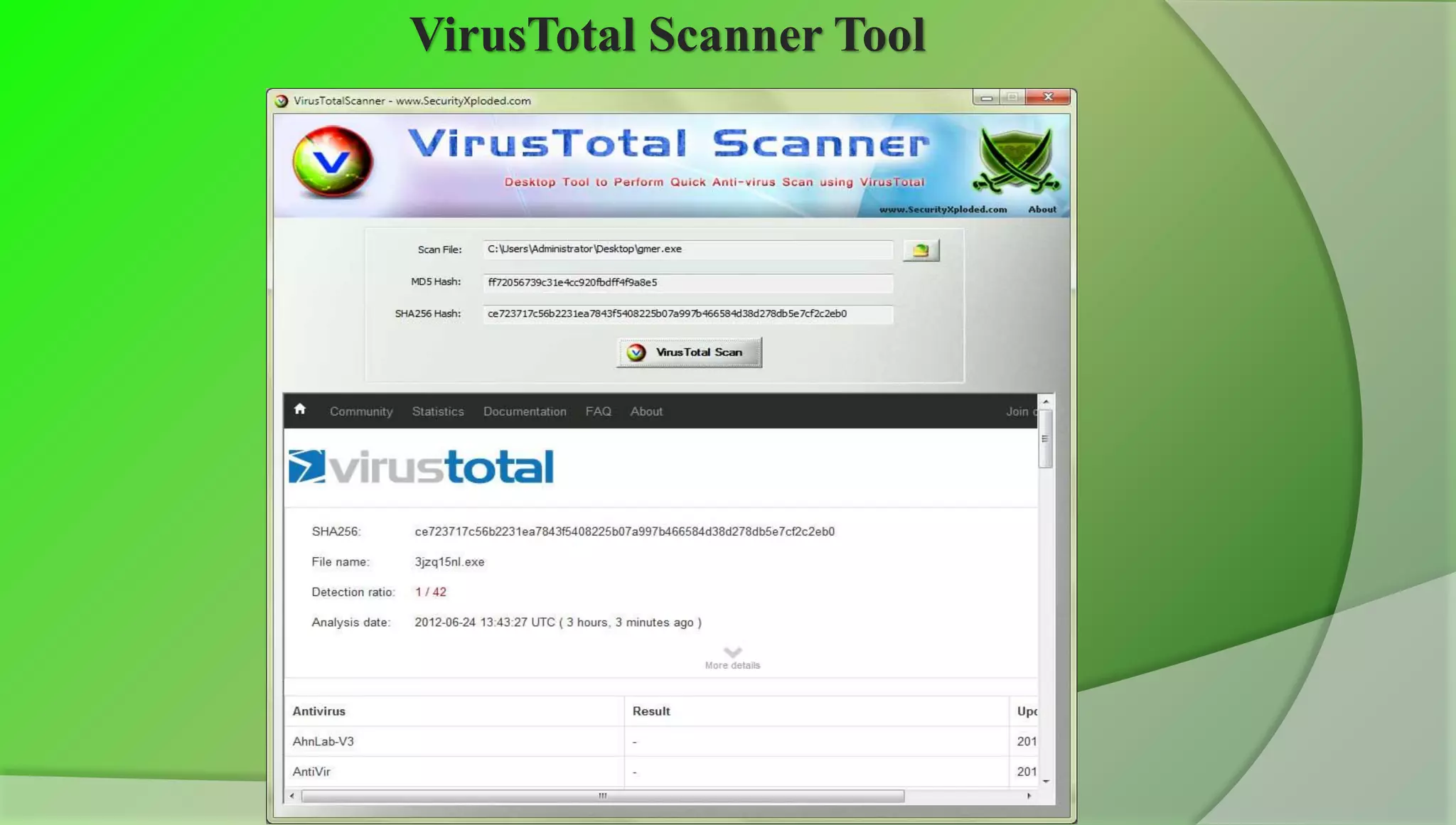 VirusTotal Scanner Tool




         www.SecurityXploded.com
 