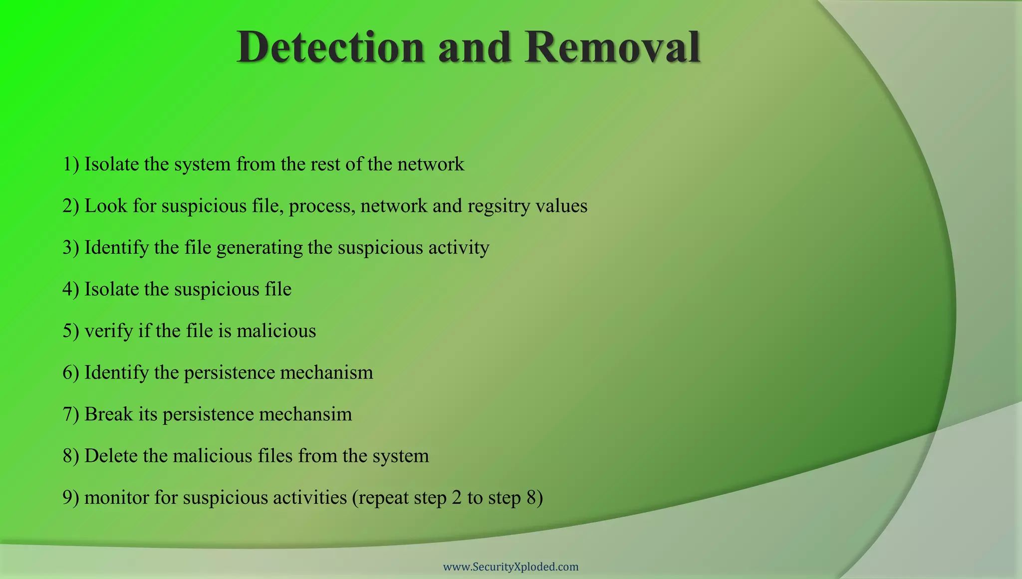 Detection and Removal

1) Isolate the system from the rest of the network

2) Look for suspicious file, process, network and regsitry values

3) Identify the file generating the suspicious activity

4) Isolate the suspicious file

5) verify if the file is malicious

6) Identify the persistence mechanism

7) Break its persistence mechansim

8) Delete the malicious files from the system

9) monitor for suspicious activities (repeat step 2 to step 8)


                                                 www.SecurityXploded.com
 