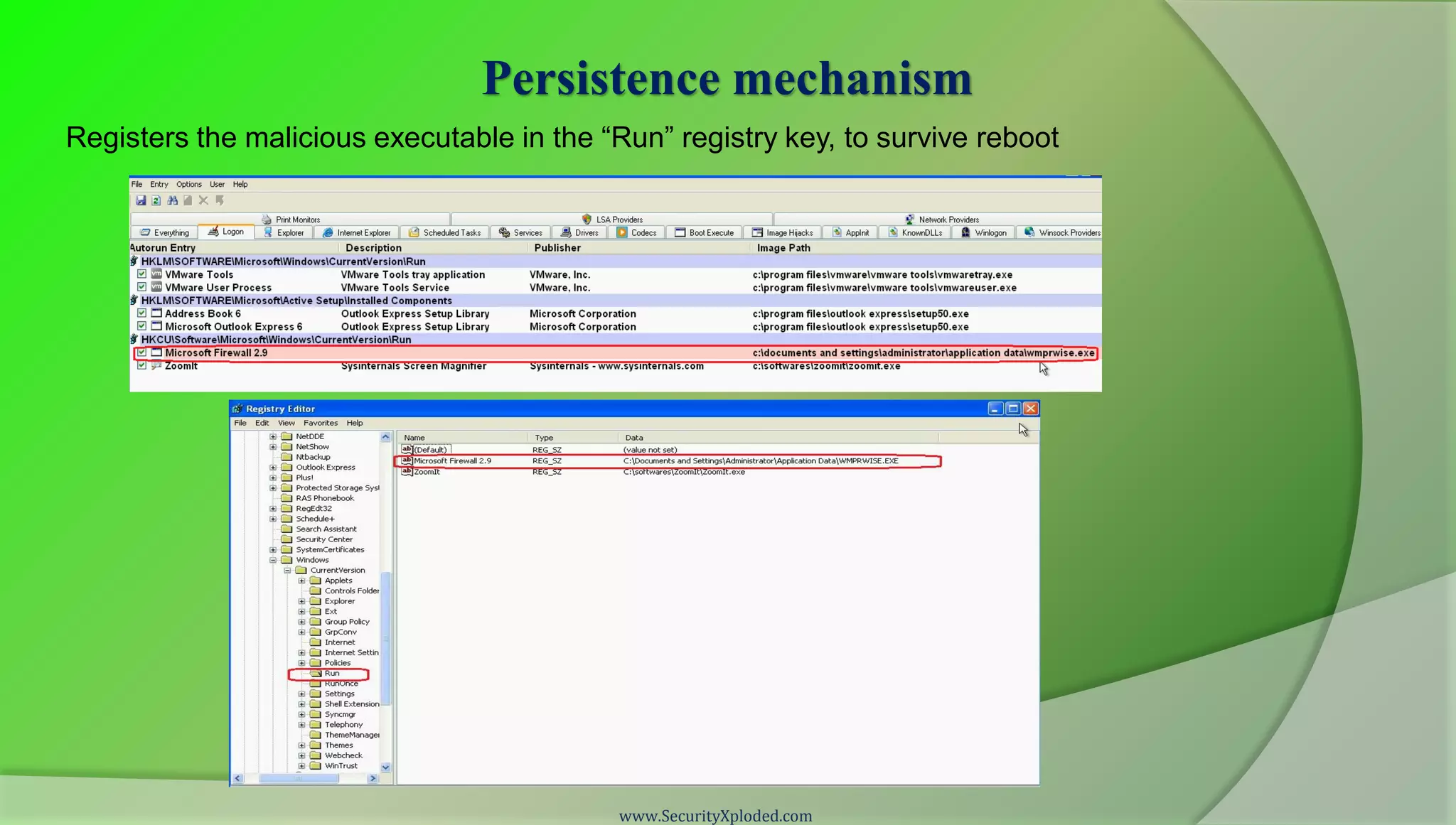 Persistence mechanism
Registers the malicious executable in the “Run” registry key, to survive reboot




                                            www.SecurityXploded.com
 