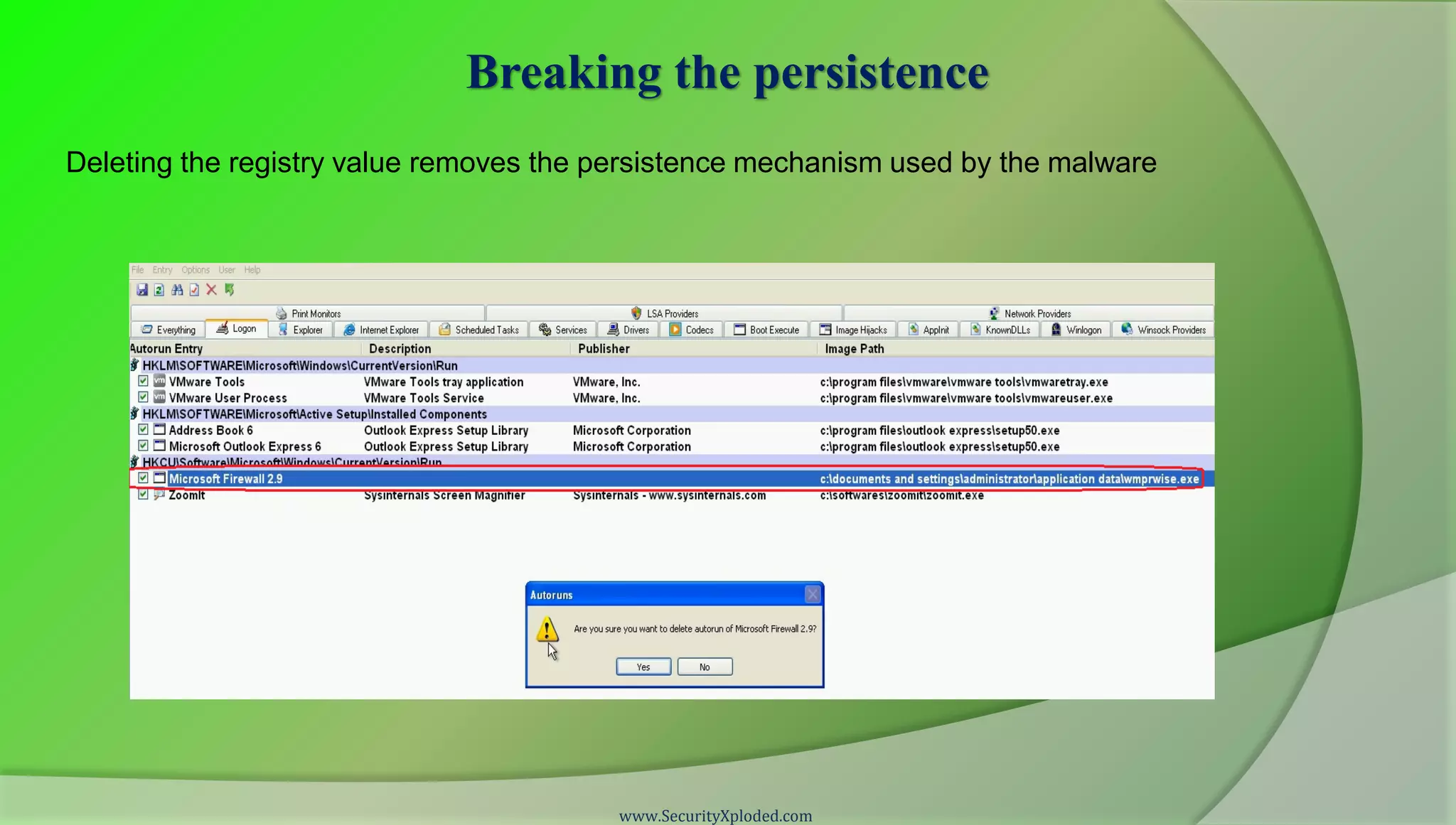 Breaking the persistence
Deleting the registry value removes the persistence mechanism used by the malware




                                         www.SecurityXploded.com
 
