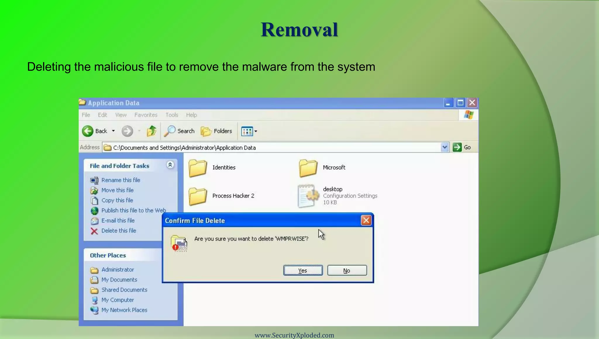 Removal
Deleting the malicious file to remove the malware from the system




                                          www.SecurityXploded.com
 