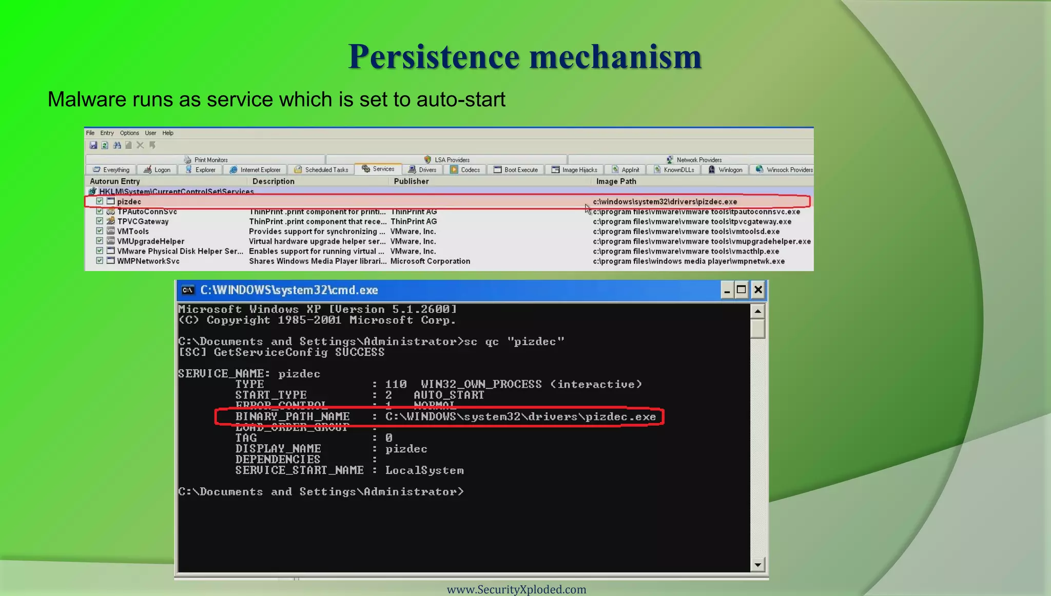 Persistence mechanism
Malware runs as service which is set to auto-start




                                           www.SecurityXploded.com
 