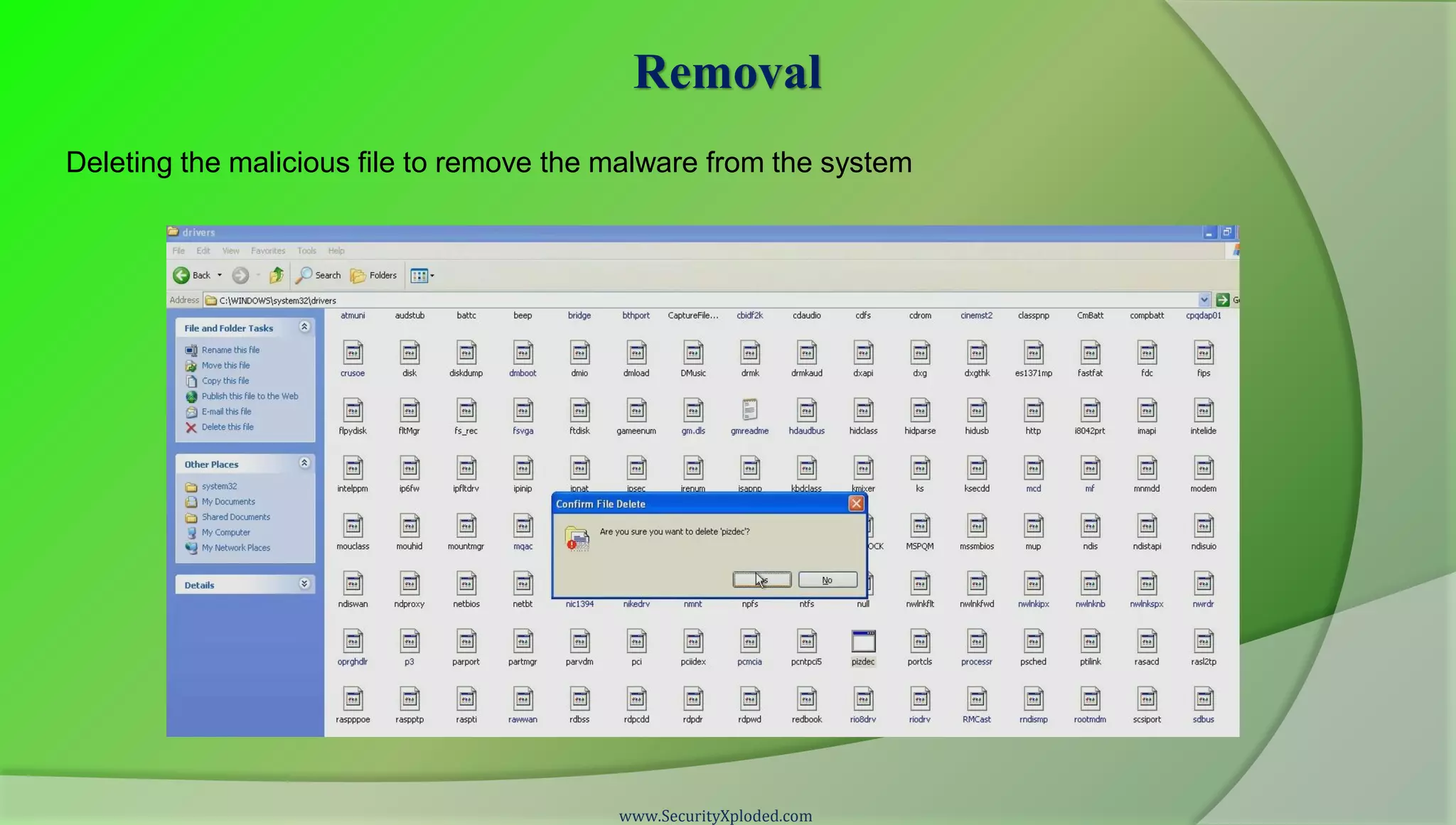 Removal
Deleting the malicious file to remove the malware from the system




                                          www.SecurityXploded.com
 