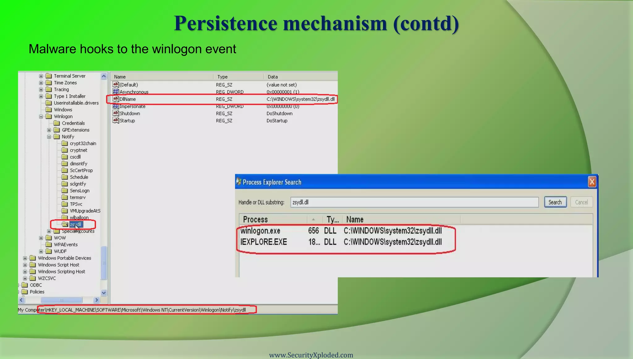 Persistence mechanism (contd)
Malware hooks to the winlogon event




                                      www.SecurityXploded.com
 