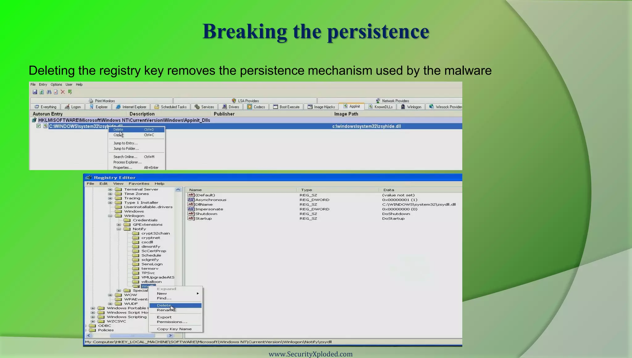 Breaking the persistence
Deleting the registry key removes the persistence mechanism used by the malware




                                        www.SecurityXploded.com
 