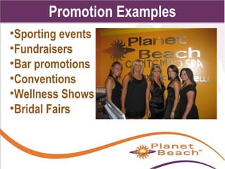 1 
166 
Promotion Examples 
•Sporting events 
•Fundraisers 
•Bar promotions 
•Conventions 
•Wellness Shows 
•Bridal Fairs 
 