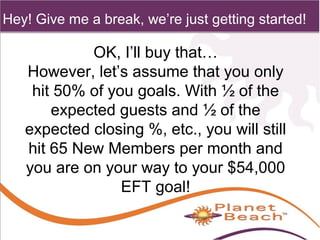 1 
Hey! Give me a break, we’re just getting started! 
195 
OK, I’ll buy that… 
However, let’s assume that you only 
hit 50% of you goals. With ½ of the 
expected guests and ½ of the 
expected closing %, etc., you will still 
hit 65 New Members per month and 
you are on your way to your $54,000 
EFT goal! 
 