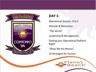 1 
3 
DAY 1: 
Operational Success- 9 to 5 
Attitude & Motivation 
“The Secret” 
Leadership & Management 
Getting your Operational Platform 
Right! 
“Show Me the Money” 
25 Strategies for Success 
 