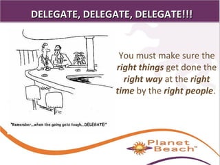 1 
310 
DELEGATE, DDEELLEEGGAATTEE,, DDEELLEEGGAATTEE!!!!!! 
You must make sure the 
right things get done the 
right way at the right 
time by the right people. 
 
