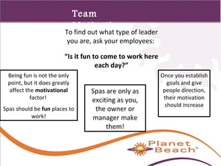1 
311 
Team 
Motivation 
To find out what type of leader 
you are, ask your employees: 
“Is it fun to come to work here 
each day?” 
Being fun is not the only 
point, but it does greatly 
affect the motivational 
factor! 
Spas should be fun places to 
work! 
Spas are only as 
exciting as you, 
the owner or 
manager make 
them! 
Once you establish 
goals and give 
people direction, 
their motivation 
should increase 
 