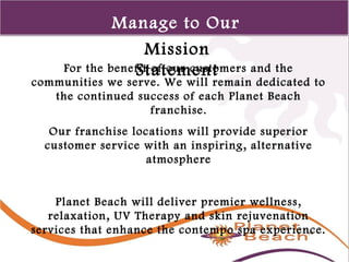 1 
32 
Manage to Our 
Mission 
Mission 
Statement 
For the benefit of our customers and the 
communities we serve. We will remain dedicated to 
the continued success of each Planet Beach 
franchise. 
Our franchise locations will provide superior 
customer service with an inspiring, alternative 
atmosphere 
Planet Beach will deliver premier wellness, 
relaxation, UV Therapy and skin rejuvenation 
services that enhance the contempo spa experience. 
 