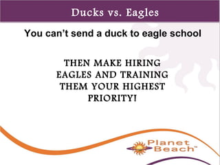 1 
344 
Ducks vs. Eagles 
You can’t send a duck to eagle school 
THEN MAKE HIRING 
EAGLES AND TRAINING 
THEM YOUR HIGHEST 
PRIORITY! 
 