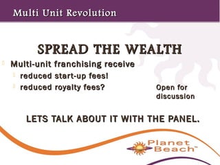 1 
396 
Multi UUnniitt RReevvoolluuttiioonn 
SSPPRREEAADD TTHHEE WWEEAALLTTHH 
 MMuullttii--uunniitt ffrraanncchhiissiinngg rreecceeiivvee 
 rreedduucceedd ssttaarrtt--uupp ffeeeess!! 
 rreedduucceedd rrooyyaallttyy ffeeeess?? OOppeenn ffoorr 
ddiissccuussssiioonn 
LLEETTSS TTAALLKK AABBOOUUTT IITT WWIITTHH TTHHEE PPAANNEELL.. 
 