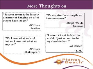 1 
433 
“Success seems to be largely 
a matter of hanging on after 
others have let go.” 
-William 
Feather 
“I never set out to beat the 
world. I just set out to do 
my absolute best.” 
-Al Oerter 
- K.M. 
“We know what we arel 
but we know not what we 
may be.” 
-William 
Shakespeare 
“We acquire the strength we 
have overcome” 
-Ralph Waldo 
Emerson 
More Thoughts on 
Excellence 
 
