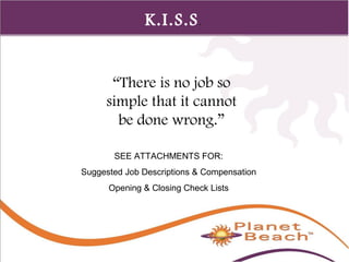 1 
441 
K.I.S.S. 
“There is no job so 
simple that it cannot 
be done wrong.” 
SEE ATTACHMENTS FOR: 
Suggested Job Descriptions & Compensation 
Opening & Closing Check Lists 
 