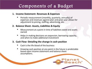 1 
487 
Components of a Budget 
1. Income Statement- Revenues & Expenses 
 Periodic measurement (monthly, quarterly, annually) of 
expenses and revenues against plan and prior year allows for 
adjustment to pricing, staffing, advertising, etc. 
2. Balance Sheet- Assets, Liabilities & Equity 
 Measurement at a point in time of liabilities owed and assets 
owned 
 Helps in making decisions on expansion, borrowing capacity, 
and when to make additional investment 
3. Cash Flow- Detailing the change in cash position 
 Cash is the life blood of the business 
 Knowing cash position at any point in the future is predictable 
based upon income statement and balance sheet 
assumptions. 
 