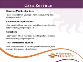 1 
498 
Cash Revenue 
Recurring Membership DueTs erms 
-Dues received from your spa’s normal reoccurring dues 
during the period 
Cash Membership Revenues 
-Cash received from your spa’s monthly membership sales 
received during the given period 
Collections 
-Cash received from your spa’s monthly past due money’s 
received during the given period 
Total Membership Revenue 
-The combined totals of recurring membership dues, cash 
membership revenues, & collections 
 