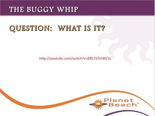 1 
57 
TTHHEE BBUUGGGGYY WWHHIIPP 
QQUUEESSTTIIOONN:: WWHHAATT IISS IITT?? 
http://youtube.com/watch?v=MfL7STmWZ1c 
 
