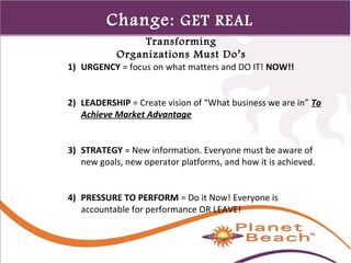 1 
76 
Change: GET REAL 
Transforming 
Organizations Must Do’s 
1) URGENCY = focus on what matters and DO IT! NOW!! 
2) LEADERSHIP = Create vision of “What business we are in” To 
Achieve Market Advantage 
3) STRATEGY = New information. Everyone must be aware of 
new goals, new operator platforms, and how it is achieved. 
4) PRESSURE TO PERFORM = Do it Now! Everyone is 
accountable for performance OR LEAVE! 
 