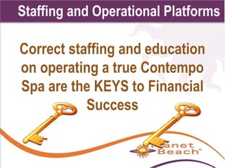 Staffing and Operational 1 
Platforms 
Correct staffing and education 
on operating a true Contempo 
Spa are the KEYS to Financial 
89 
Success 
 