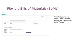 Flexible Bills of Materials (BoMs)
First of all, you need to
create a Bill of Materials
with the field Consumption
set as “Flexible”
 