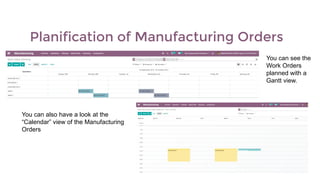 Planification of Manufacturing Orders
You can see the
Work Orders
planned with a
Gantt view.
You can also have a look at the
“Calendar” view of the Manufacturing
Orders
 