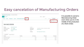 Easy cancelation of Manufacturing Orders
It is possible to cancel a
Manufacturing Order
even when you’re in the
middle of the production
of a Work Order.
 
