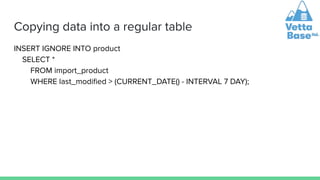 Copying data into a regular table
INSERT IGNORE INTO product
SELECT *
FROM import_product
WHERE last_modiﬁed > (CURRENT_DATE() - INTERVAL 7 DAY);
 
