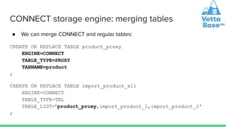 CONNECT storage engine: merging tables
● We can merge CONNECT and regular tables:
CREATE OR REPLACE TABLE product_proxy
ENGINE=CONNECT
TABLE_TYPE=PROXY
TABNAME=product
;
CREATE OR REPLACE TABLE import_product_all
ENGINE=CONNECT
TABLE_TYPE=TBL
TABLE_LIST='product_proxy,import_product_1,import_product_2'
;
 