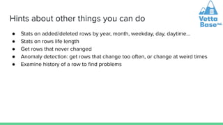 Hints about other things you can do
● Stats on added/deleted rows by year, month, weekday, day, daytime…
● Stats on rows life length
● Get rows that never changed
● Anomaly detection: get rows that change too often, or change at weird times
● Examine history of a row to ﬁnd problems
 