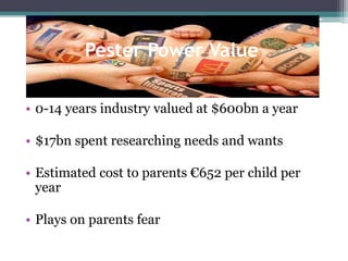 Pester Power Value
• 0-14 years industry valued at $600bn a year
• $17bn spent researching needs and wants
• Estimated cost to parents €652 per child per
year
• Plays on parents fear
 