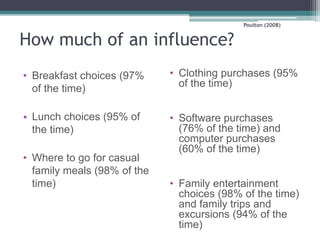 Poulton (2008)
How much of an influence?
• Breakfast choices (97%
of the time)
• Lunch choices (95% of
the time)
• Where to go for casual
family meals (98% of the
time)
• Clothing purchases (95%
of the time)
• Software purchases
(76% of the time) and
computer purchases
(60% of the time)
• Family entertainment
choices (98% of the time)
and family trips and
excursions (94% of the
time)
 