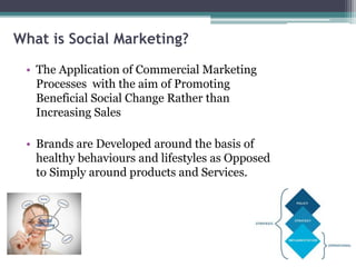 What is Social Marketing?
• The Application of Commercial Marketing
Processes with the aim of Promoting
Beneficial Social Change Rather than
Increasing Sales
• Brands are Developed around the basis of
healthy behaviours and lifestyles as Opposed
to Simply around products and Services.
 