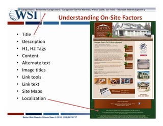 Understanding On-Site Factors

•   Title
•   Description
•   H1, H2 Tags
•   Content
•   Alternate text
•   Image titles
•   Link tools
•   Link text
•   Site Maps
•   Localization


    Better Web Results / Kevin Dean © 2010 (510) 687-9737
 