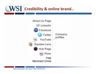 Credibility & online brand..




                                         Yelp
                               Merchant Circle

Better Web Results / Kevin Dean © 2010 (510) 687-9737
 