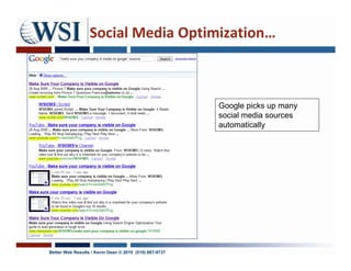 Social Media Optimization…



                                                        Google picks up many
                                                        social media sources
                                                        automatically




Better Web Results / Kevin Dean © 2010 (510) 687-9737
 