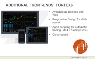 ADDITIONAL FRONT-ENDS: FORTEX6
• Available as Desktop and
Web
• Responsive Design for Web
version
• AgoX scripting for automatic
trading (MT4 EA compatible)
• Cloud-based
 