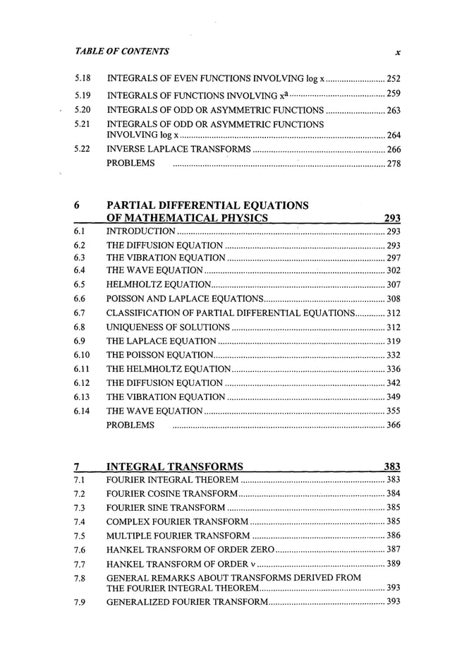 TABLE OF CONTENTS x
5.18 INTEGRALS
OFEVEN
FUNCTIONS
INVOLVING
log x .......................... 252
5.19 INTEGRALS
OFFUNCTIONS
INVOLVING
xa ........................................... 259
5.20 INTEGRALS
OFODD
ORASYMMETRIC
FUNCTIONS
.......................... 263
5.21 INTEGRALS OF ODD OR ASYMMETRICFUNCTIONS
INVOLVING
logx.......................................................................................... 264
5.22 INVERSE
LAPLACE
TRANSFORMS
.......................................................... 266
PROBLEMS
...................................................... . ......................................278
6 PARTIAL DIFFERENTIAL EQUATIONS
OF MATHEMATICALPHYSICS 293
6.1
6.2
6.3
6.4
6.5
6.6
6.7
6.8
6.9
6.10
6.11
6.12
6.13
6.14
INTRODUCTION
.................................................... .’.......................................
293
THE
DIFFUSION
EQUATION
...................................................................... 293
THE
VIBRATION
EQUATION
..................................................................... 297
THE
WAVE
EQUATION
................................................. : .............................302
HELMHOLTZ
EQUATION
............................................................................ 307
POISSON
AND
LAPLACE
EQUATIONS
..................................................... 308
CLASSIFICATION
OF PARTIAL
DIFFERENTIAL
EQUATIONS
............. 312
UNIQUENESS
OF
SOLUTIONS
................................................................... 312
THE
LAPLACE
EQUATION
......................................................................... 319
THE
POISSON
EQUATION
........................................................................... 332
THE
HELMHOLTZ
EQUATION
.................................................................... 336
THE
DIFFUSION
EQUATION
....................................................................... 342
THE
VIBRATION
EQUATION
..................................................................... 349
THE
WAVE
EQUATION
............................................................................... 355
PROBLEMS
............................................................................................. 366
7 INTEGRAL TRANSFORMS 383
7.1
7.2
7.3
7.4
7.5
7.6
7.7
7.8
7.9
FOURIER
INTEGRAL
THEOREM
............................................................... 383
FOURIER
COSINE
TRANSFORM
.................................... ............................ 384
FOURIER
SINE
TRANSFORM
...................................................................... 385
COMPLEX
FOURIER
TRANSFORM
............................................................ 385
MULTIPLE
FOURIER
TRANSFORM
.......................................................... 386
HANKEL
TRANSFORM
OFORDER
ZERO
................................................ 387
HANKEL
TRANSFORM
OFORDER
v ........................................................ 389
GENERAL REMARKS ABOUT TRANSFORMS DERIVED FROM
THE
FOURIER
INTEGRAL
THEOREM
....................................................... 393
GENERALIZED
FOURIER
TRANSFORM
................................................... 393
 