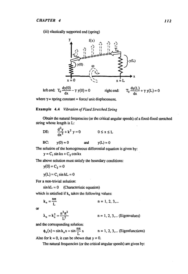 CHAPTER 4 112
(iii) elastically supportedend(spring)
leftend: T
o dy(0)
-~x 7 y(0) = right end:
wherey = spring constant = force/unit displacement.
y(L)
T dy(L)
+ 7 y(L)
o dx
Example4.4 Vibration of Fixed Stretched String
Obtainthe natural frequencies(or the critical angularspeeds)of a fixed-fixed stretched
string whoselength is L:
DE: dZY+ k
2
dx
2
y 0 0<x_<L
BC:y(O)
= y(L)
0
Thesolution of the homogeneous
differential equation is given by:
y = Ca sin kx + C2coskx
Theabovesolution mustsatisfy the boundaryconditions:
y(O)
= C~= 0
y(L) = 1 sinkL =0
For a non-trivial solution:
sin kL= 0 (Characteristic equation)
whichis satisfied if lq takes the followingvalues:
kn=~ n= 1,2,3 ....
L
n2~
2
~’n = kn
~ = L
~ n=1, 2, 3.... (Eigenvalues)
and the correspondingsolution:
nn
~n(x) = sinknx = sin-- n =1, 2, 3 .... (Eigenfunctions)
L
Alsofor k = 0, it canbe shown
that y -- 0.
Thenatural frequencies(or the critical angularspeeds)are givenby:
 