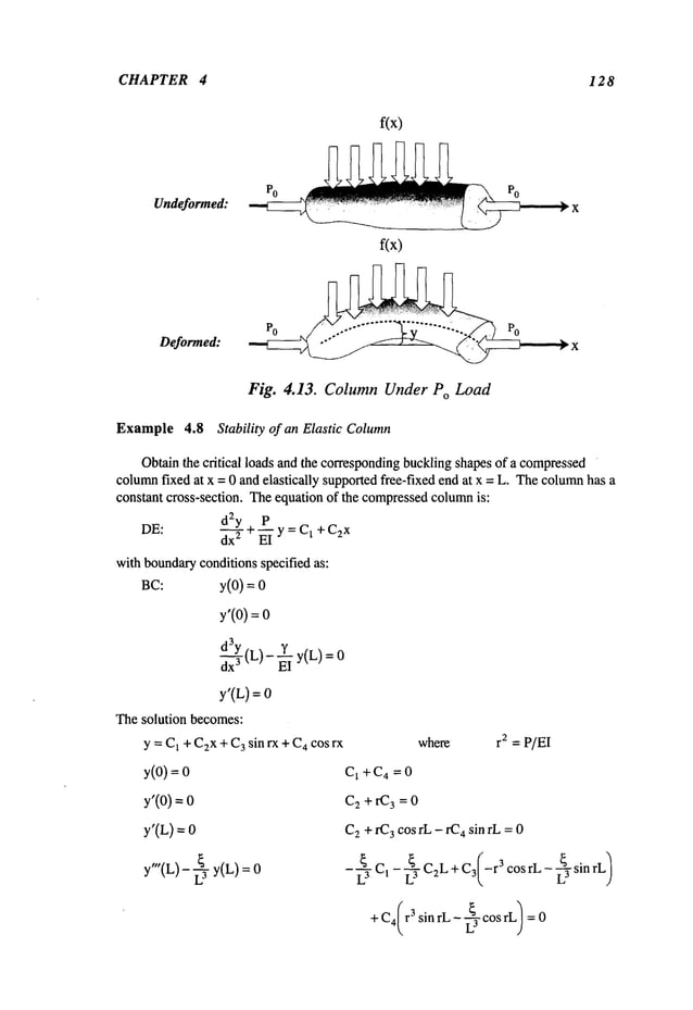 CHAPTER 4 128
f(x)
Po Po
Undeformed: ~ x
fix)
Deformed:
Po .-’""°’
......... ’ .... ’~-~ Po x
Fig. 4.13. Column Under Po Load
Example4.8 Stability of an Elastic Column
Obtainthe critical loads and the correspondingbucklingshapesof a compressed
column
fixed at x = 0 and elastically supportedfree-fixed end at x = L. Thecolumnhas a
constant cross-section. Theequation of the compressed
columnis:
DE:
d2y P
dx2 + ~- y = C~ + C2x
with boundaryconditions specified as:
BC: y(0) =
y’(O)
=
~-~3Y
(L)- E~Iy(L)
y’(L) =
Thesolution becomes:
y = C
1 +CEX
+ C
a sin rx + C
4 cos rx
y(0) =
y’(O)
=
y’(L)
y"(L)- ~3 y(L)
where r2 = P/EI
C1 q- C4 = 0
C2 + rC 3 = 0
C2 + IC3 cos rE - 1~4 sin rL= 0
~ C~ ~ C2L+C3(-r3cosrL-~sinrL)
+ C4(r3 sin rL- ~-TcosrL) :
 