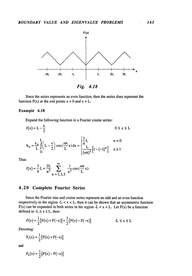 BOUNDARY VALUE AND EIGENVALUE PROBLEMS 165
F(x)
-3L -2L -L L 2L 3L
x
Fig. 4.18
Sincethe series represents an evenfunction, then the series doesrepresent the
function F(x) at the end points x = 0 and x =
Example 4.18
Expand
the followingfunction in a Fourier cosine series:
f(x) = L x
2
bn = En ~(L- ~) cos(-~x) = [- 34 L
Thus
f(x)= 3L+4 2~L~ ~ ~cos(~x)
n=1,3,5
O<x<L
n=O
n>l
4.2 0 Complete Fourier Series
Since the Fourier sine andcosine series represent an oddandan evenfunction
respectively in the region -L < x < L, then it can be shown
that an asymmetricfunction
F(x) can be expanded
in both series in the region -L < x < L. Let F(x) be a function
definedin -L <x < L, then:
Denoting:
½IF(x)
+F(-x)]
Fl(x)
F(x)=½IF(x)-
F(-x)]
 